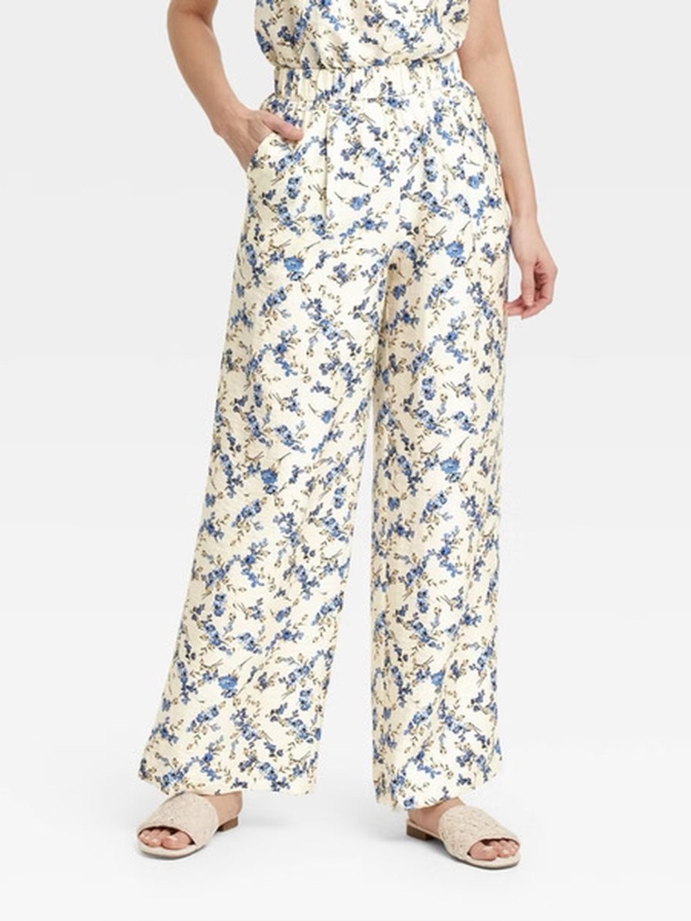A New Day Cream Blue Floral High-Rise Wide-Leg Pants | Size Small - Picture 2 of 6